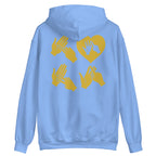 Back view of a carolina blue hoodie with the word Love in gold BSL Fingerspelling with the 'O' embedded in a heart shape