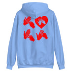 Back view of a carolina blue hoodie with the word Love in red BSL Fingerspelling with the 'O' embedded in a heart shape