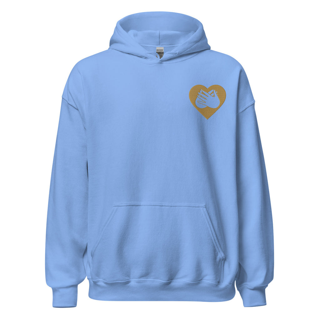 Front view of a carolina blue hoodie showing a gold coloured heart and the iconic BSL Love sign embedded in it on the left side of the chest