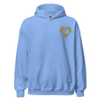 Front view of a carolina blue hoodie showing a gold coloured heart and the iconic BSL Love sign embedded in it on the left side of the chest