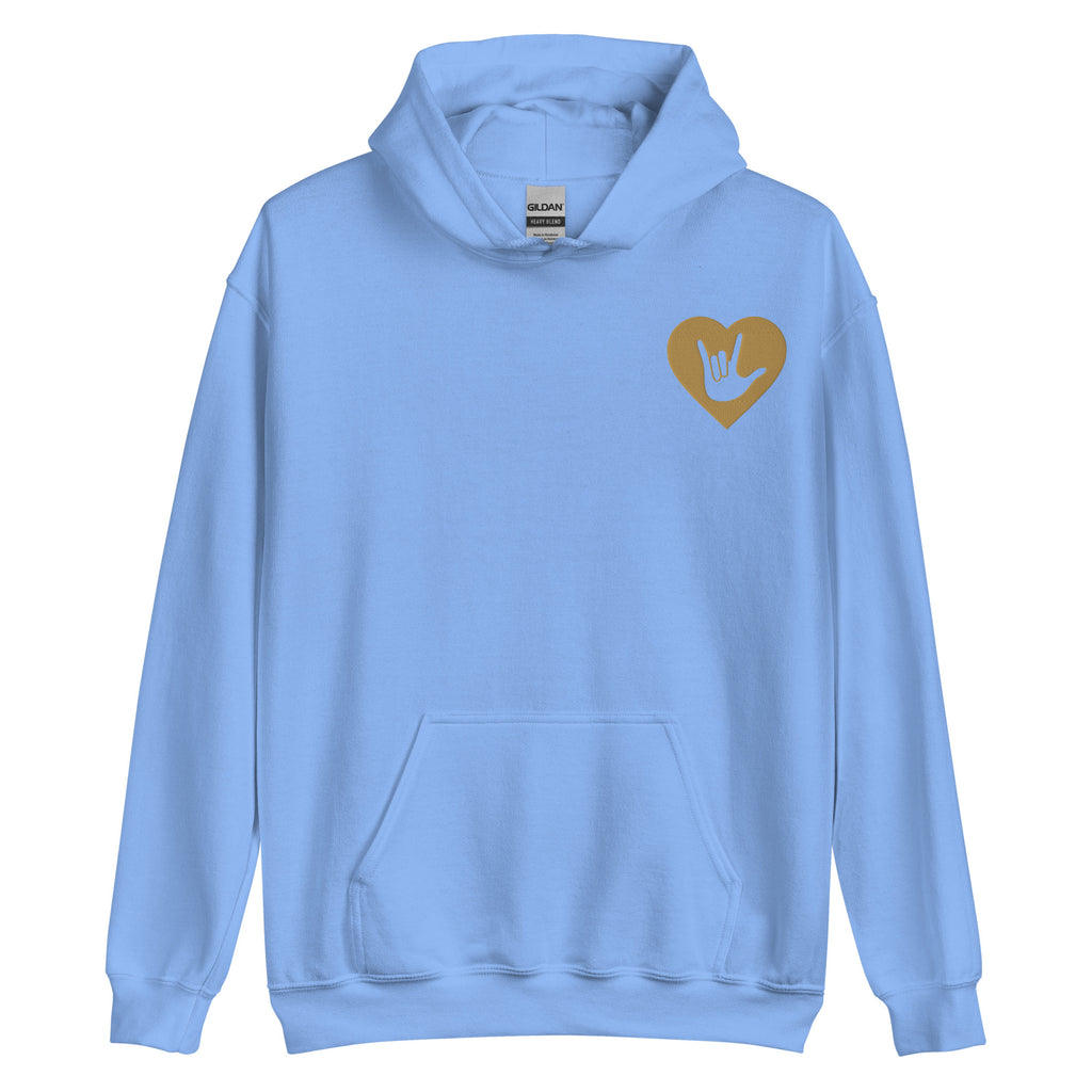 Front view of a carolina blue hoodie showing a gold coloured heart and the iconic ASL I Love You sign embedded in it on the left side of the chest
