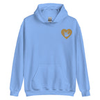 Front view of a carolina blue hoodie showing a gold coloured heart and the iconic ASL I Love You sign embedded in it on the left side of the chest