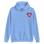 Front view of a carolina blue hoodie showing a red coloured heart and the iconic BSL Love sign embedded in it on the left side of the chest