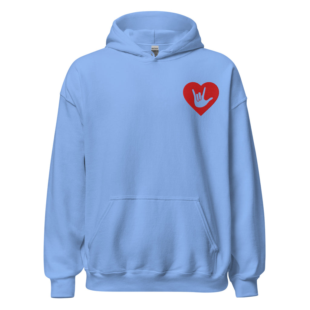 Front view of a carolina blue hoodie showing a red coloured heart and the iconic ASL I Love You sign embedded in it on the left side of the chest