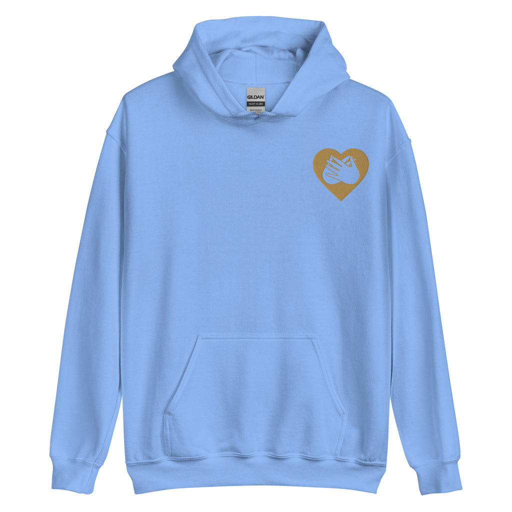 Front view of a carolina blue hoodie showing a gold coloured heart and the iconic BSL Love sign embedded in it on the left side of the chest