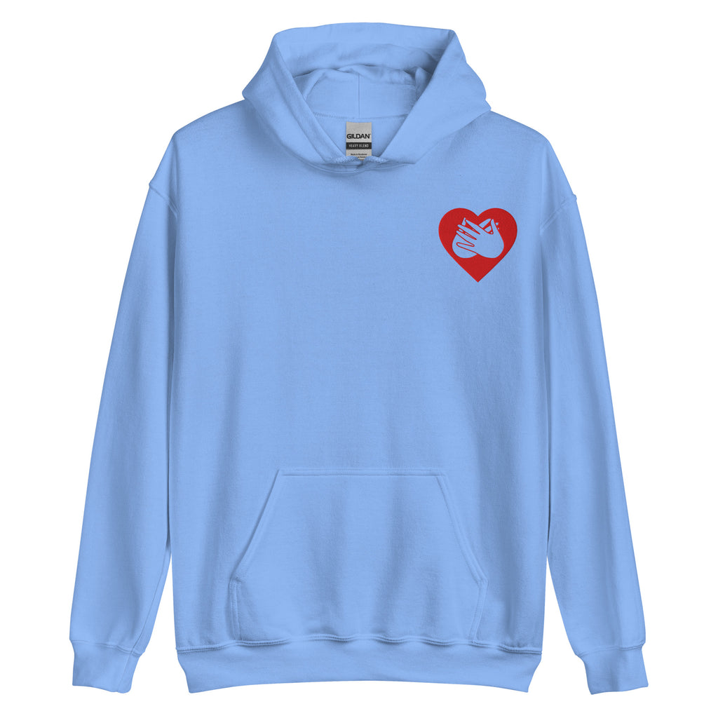 Front view of a carolina blue hoodie showing a red coloured heart and the iconic BSL Love sign embedded in it on the left side of the chest