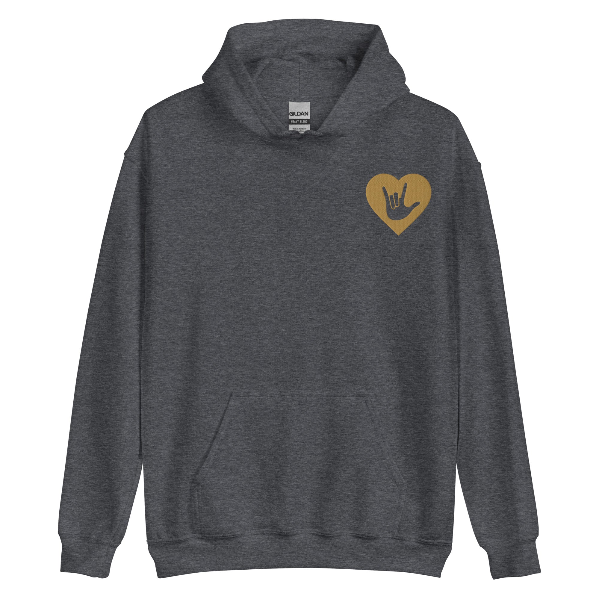 Front view of a dark heather hoodie showing a gold coloured heart and the iconic ASL I Love You sign embedded in it on the left side of the chest