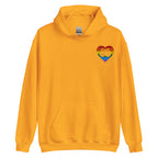 Front view of a gold hoodie showing a pride coloured heart and the iconic BSL Love sign embedded in it on the left side of the chest