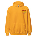 Front view of a gold hoodie showing a pride coloured heart and the iconic ASL I Love You sign embedded in it on the left side of the chest