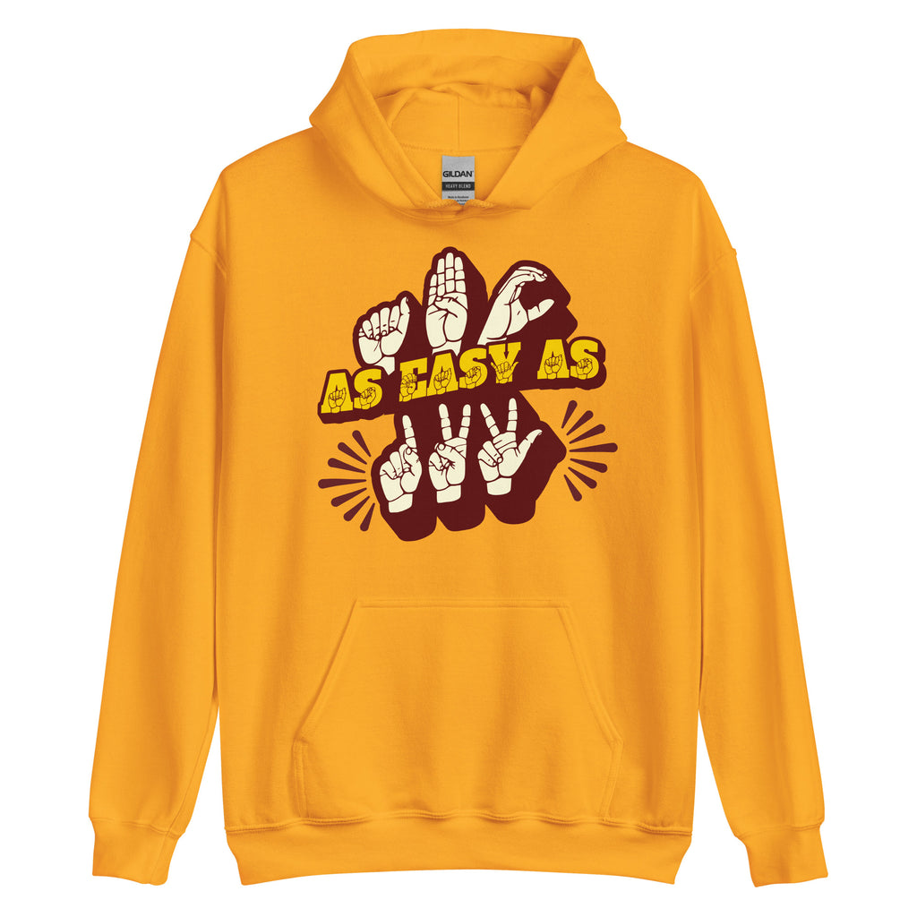 Gold hoodie with ‘ABC As Easy As 123’ in ASL fingerspelling and text characters
