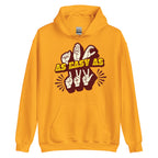 Gold hoodie with ‘ABC As Easy As 123’ in ASL fingerspelling and text characters