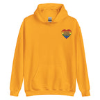 Front view of a gold hoodie showing a pride coloured heart and the iconic BSL Love sign embedded in it on the left side of the chest