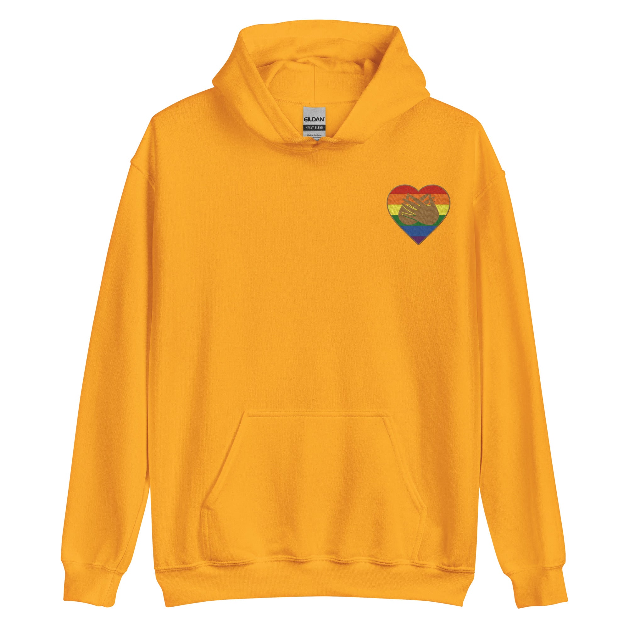 Front view of a gold hoodie showing a pride coloured heart and the iconic BSL Love sign embedded in it on the left side of the chest