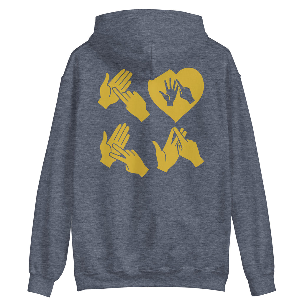 Back view of a heather sport dark navy hoodie with the word Love in gold BSL Fingerspelling with the 'O' embedded in a heart shape