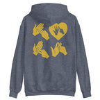 Back view of a heather sport dark navy hoodie with the word Love in gold BSL Fingerspelling with the 'O' embedded in a heart shape