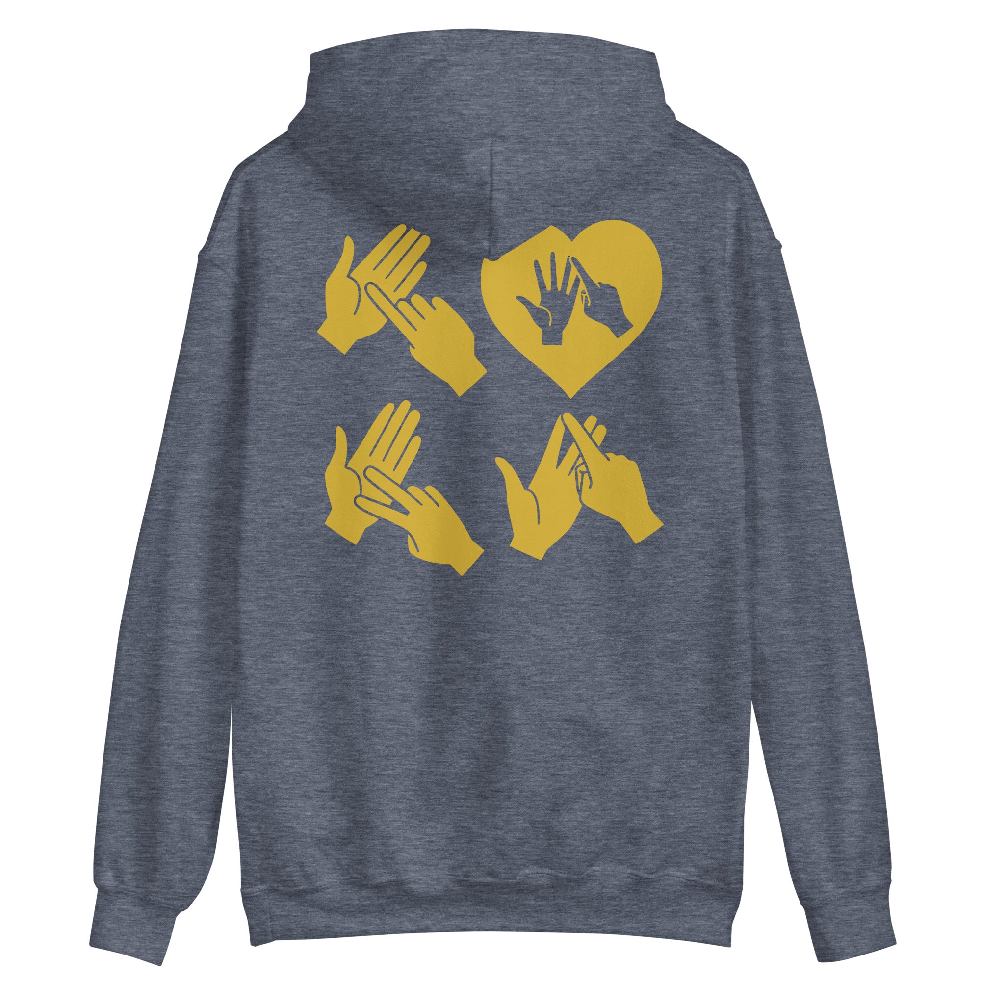 Back view of a heather sport dark navy hoodie with the word Love in gold BSL Fingerspelling with the 'O' embedded in a heart shape