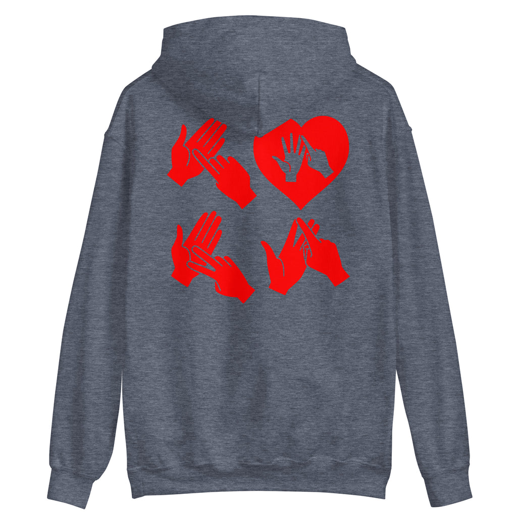 Back view of a heather sport dark navy hoodie with the word Love in red BSL Fingerspelling with the 'O' embedded in a heart shape