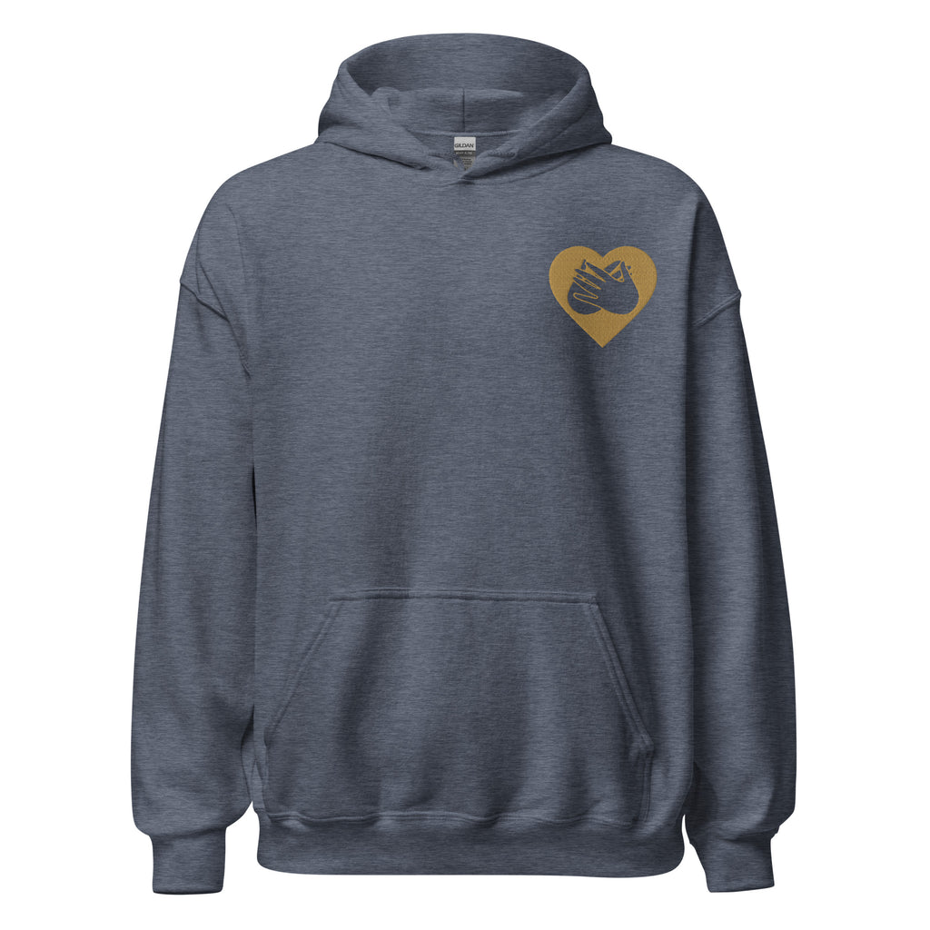 Front view of a heather sport dark navy hoodie showing a gold coloured heart and the iconic BSL Love sign embedded in it on the left side of the chest