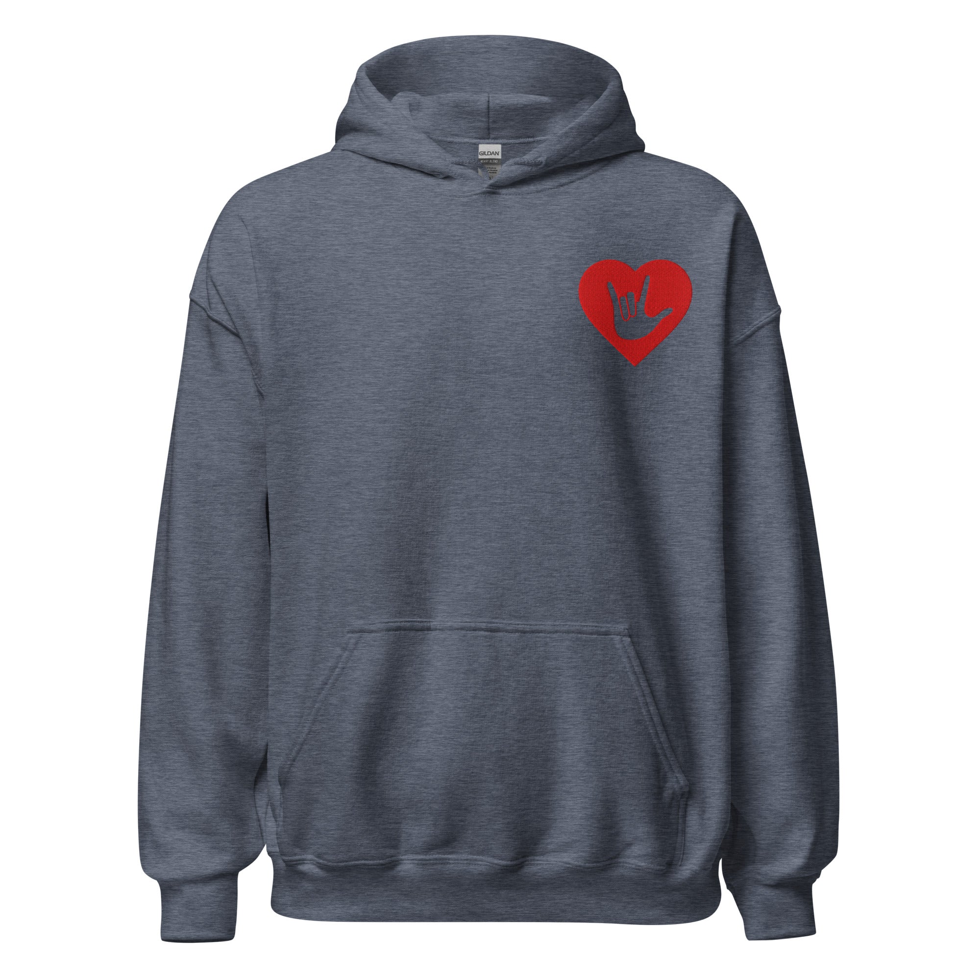 Front view of a heather sport dark navy hoodie showing a red coloured heart and the iconic ASL I Love You sign embedded in it on the left side of the chest