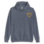 Front view of a heather sport dark navy hoodie showing a gold coloured heart and the iconic BSL Love sign embedded in it on the left side of the chest