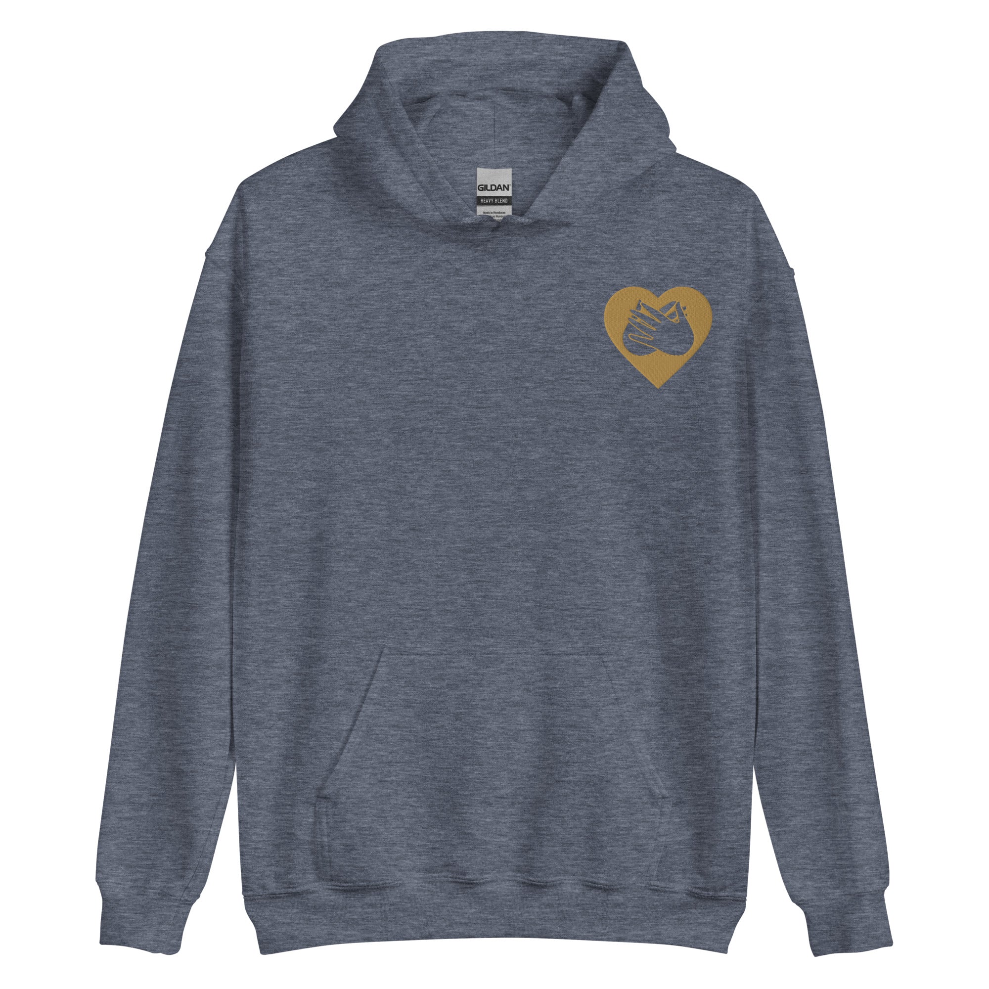 Front view of a heather sport dark navy hoodie showing a gold coloured heart and the iconic BSL Love sign embedded in it on the left side of the chest