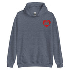 Front view of a heather sport dark navy hoodie showing a red coloured heart and the iconic BSL Love sign embedded in it on the left side of the chest