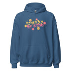 Front view of a indigo blue hoodie with the phrase Always Be Kind in BSL fingerspelling and text combined with floral design