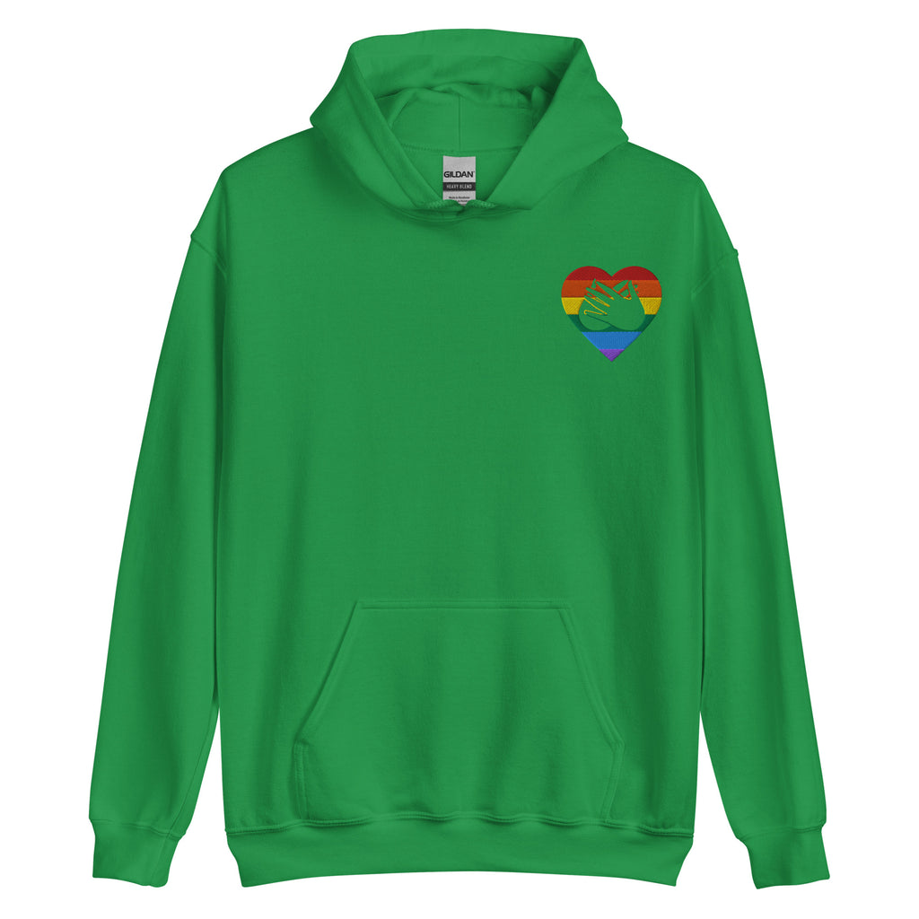 Front view of a irish green hoodie showing a pride coloured heart and the iconic BSL Love sign embedded in it on the left side of the chest