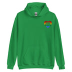 Front view of a irish green hoodie showing a pride coloured heart and the iconic BSL Love sign embedded in it on the left side of the chest