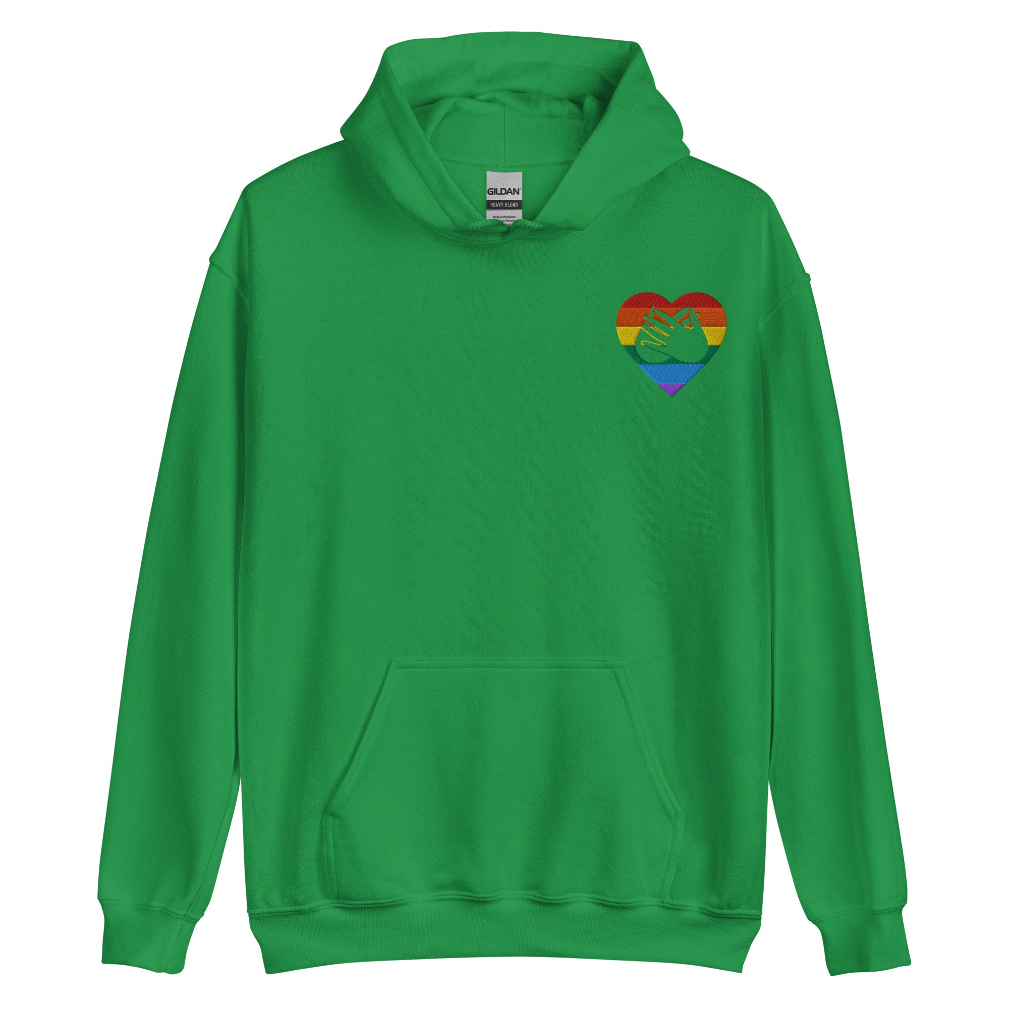 Front view of a irish green hoodie showing a pride coloured heart and the iconic BSL Love sign embedded in it on the left side of the chest