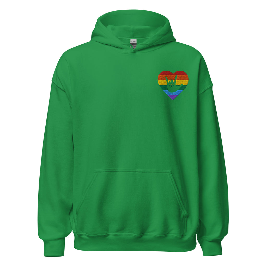 Front view of a irish green hoodie showing a pride coloured heart and the iconic ASL I Love You sign embedded in it on the left side of the chest