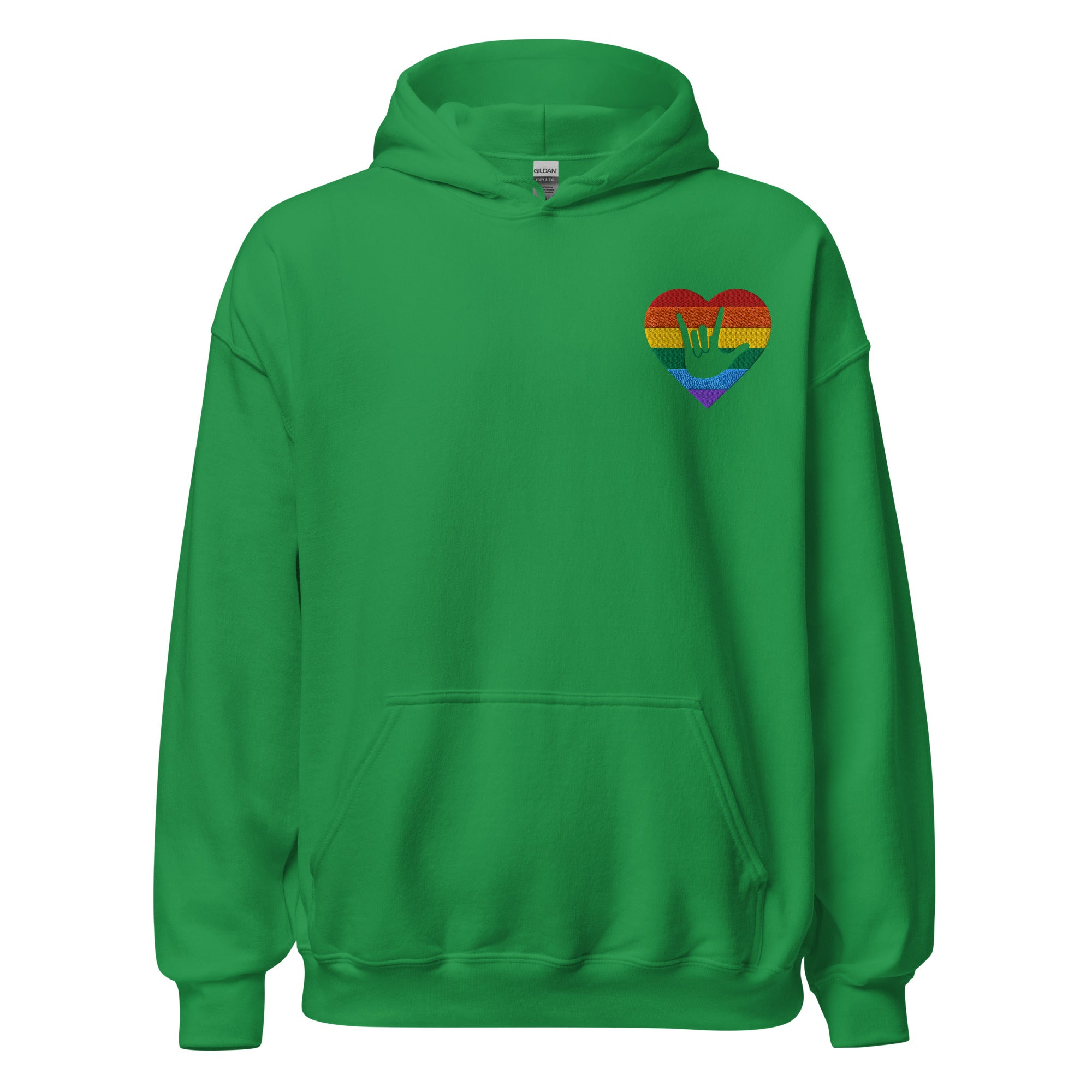 Front view of a irish green hoodie showing a pride coloured heart and the iconic ASL I Love You sign embedded in it on the left side of the chest