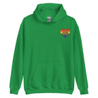 Front view of a irish green hoodie showing a pride coloured heart and the iconic BSL Love sign embedded in it on the left side of the chest