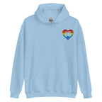 Front view of a light blue hoodie showing a pride coloured heart and the iconic BSL Love sign embedded in it on the left side of the chest