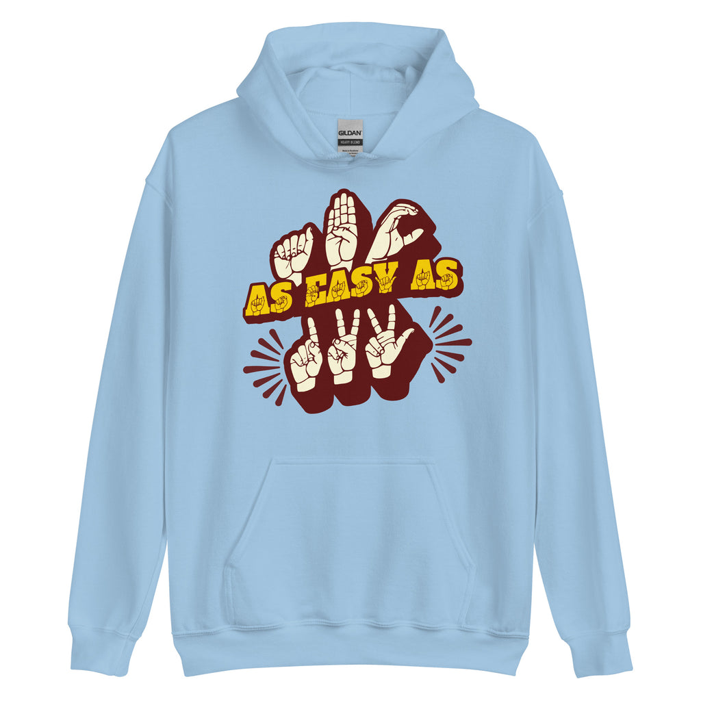 Light blue hoodie with ‘ABC As Easy As 123’ in ASL fingerspelling and text characters