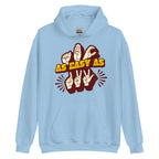 Light blue hoodie with ‘ABC As Easy As 123’ in ASL fingerspelling and text characters