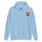 Front view of a light blue hoodie showing a pride colored heart and the iconic ASL I Love You sign embedded in it on the left side of the chest