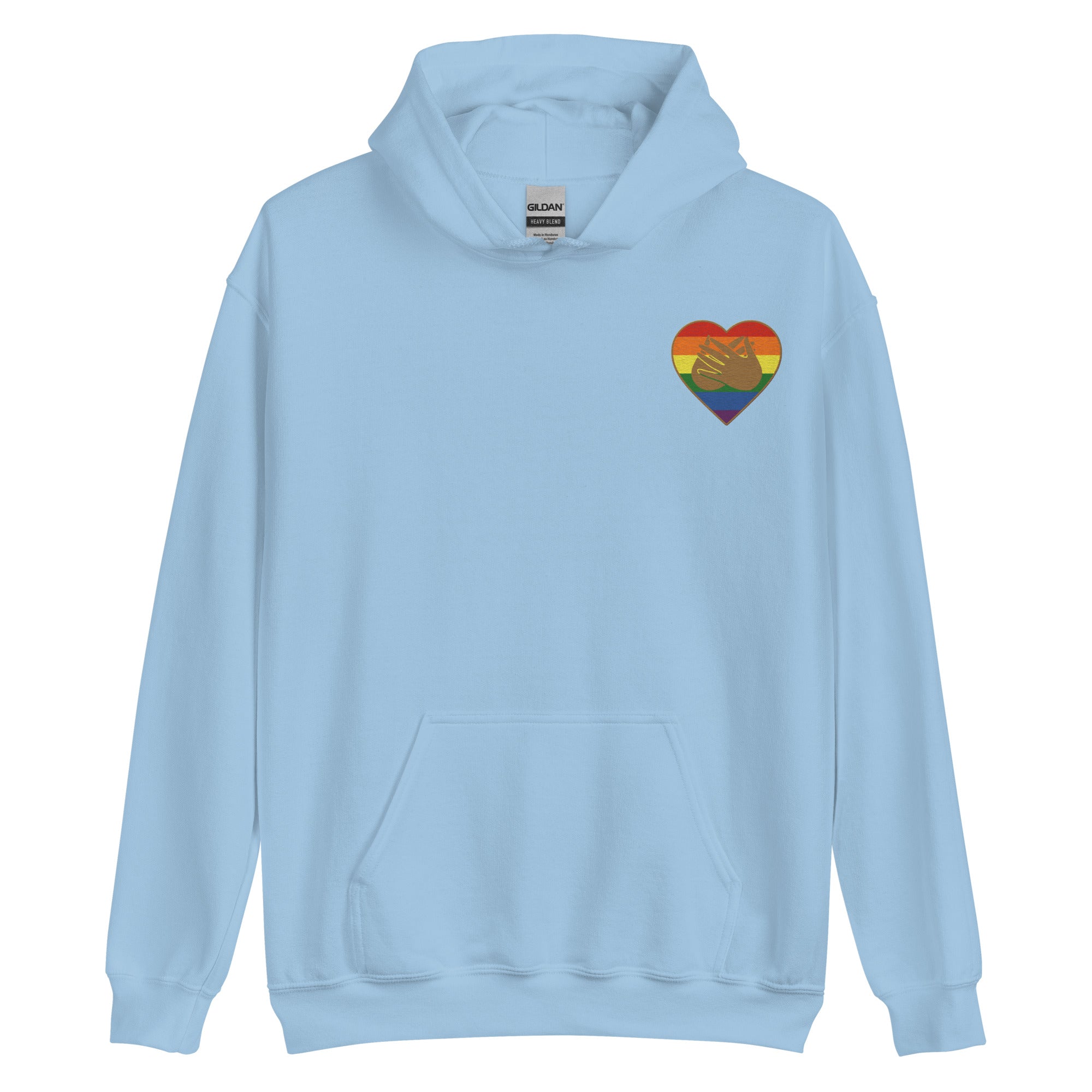 Front view of a light blue hoodie showing a pride coloured heart and the iconic BSL Love sign embedded in it on the left side of the chest