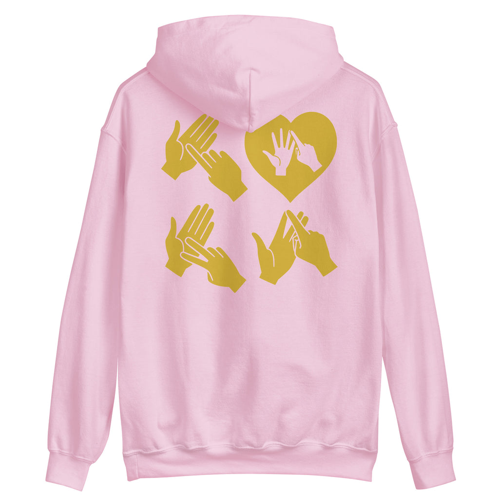 Back view of a light pink hoodie with the word Love in gold BSL Fingerspelling with the 'O' embedded in a heart shape