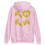 Back view of a light pink hoodie with the word Love in gold BSL Fingerspelling with the 'O' embedded in a heart shape