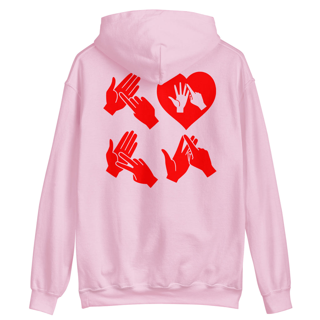 Back view of a light pink hoodie with the word Love in red BSL Fingerspelling with the 'O' embedded in a heart shape