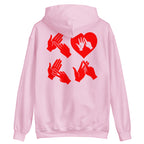 Back view of a light pink hoodie with the word Love in red BSL Fingerspelling with the 'O' embedded in a heart shape