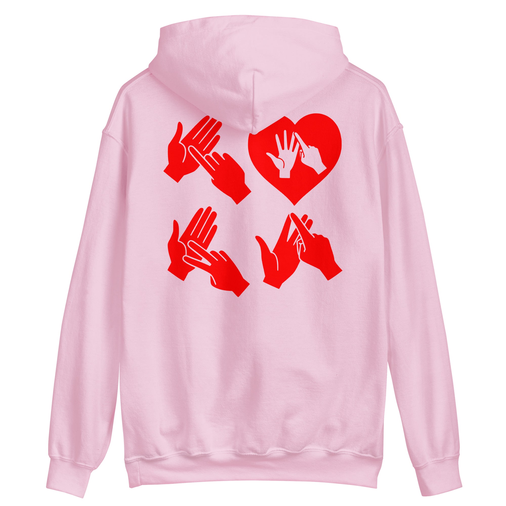 Back view of a light pink hoodie with the word Love in red BSL Fingerspelling with the 'O' embedded in a heart shape