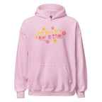 Front view of a light pink hoodie with the phrase Always Be Kind in BSL fingerspelling and text combined with floral design