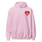 Front view of a light pink hoodie showing a red coloured heart and the iconic ASL I Love You sign embedded in it on the left side of the chest