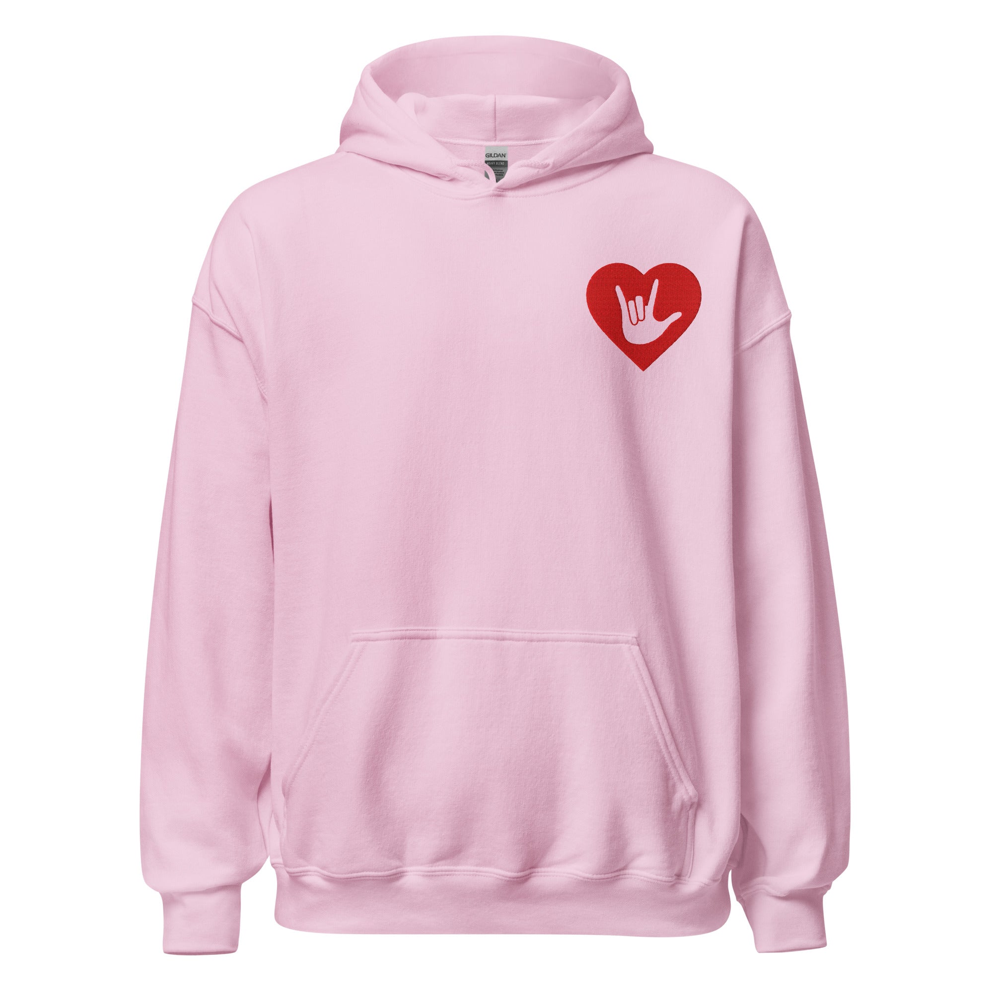 Front view of a light pink hoodie showing a red coloured heart and the iconic ASL I Love You sign embedded in it on the left side of the chest
