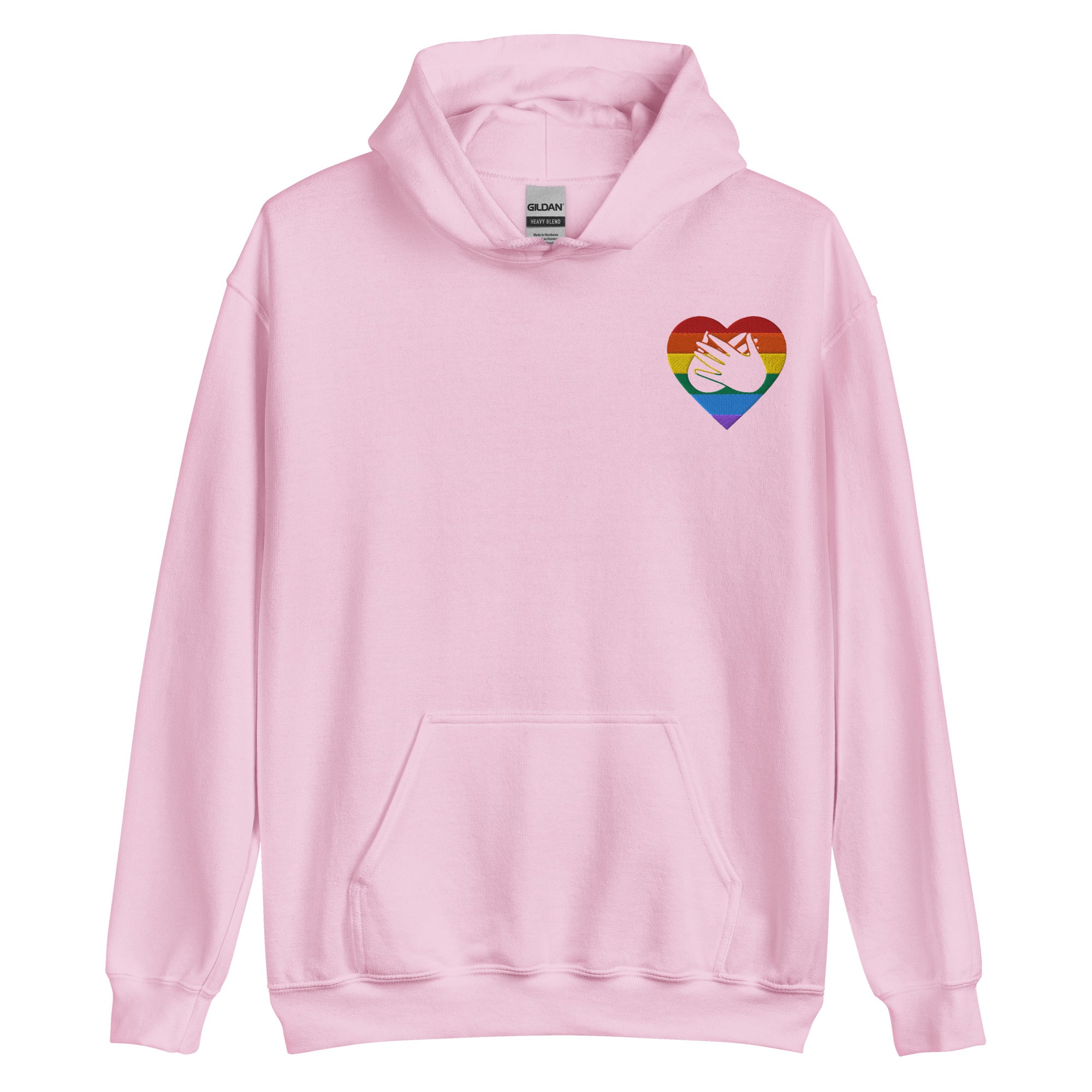 Front view of a light pink hoodie showing a pride coloured heart and the iconic BSL Love sign embedded in it on the left side of the chest