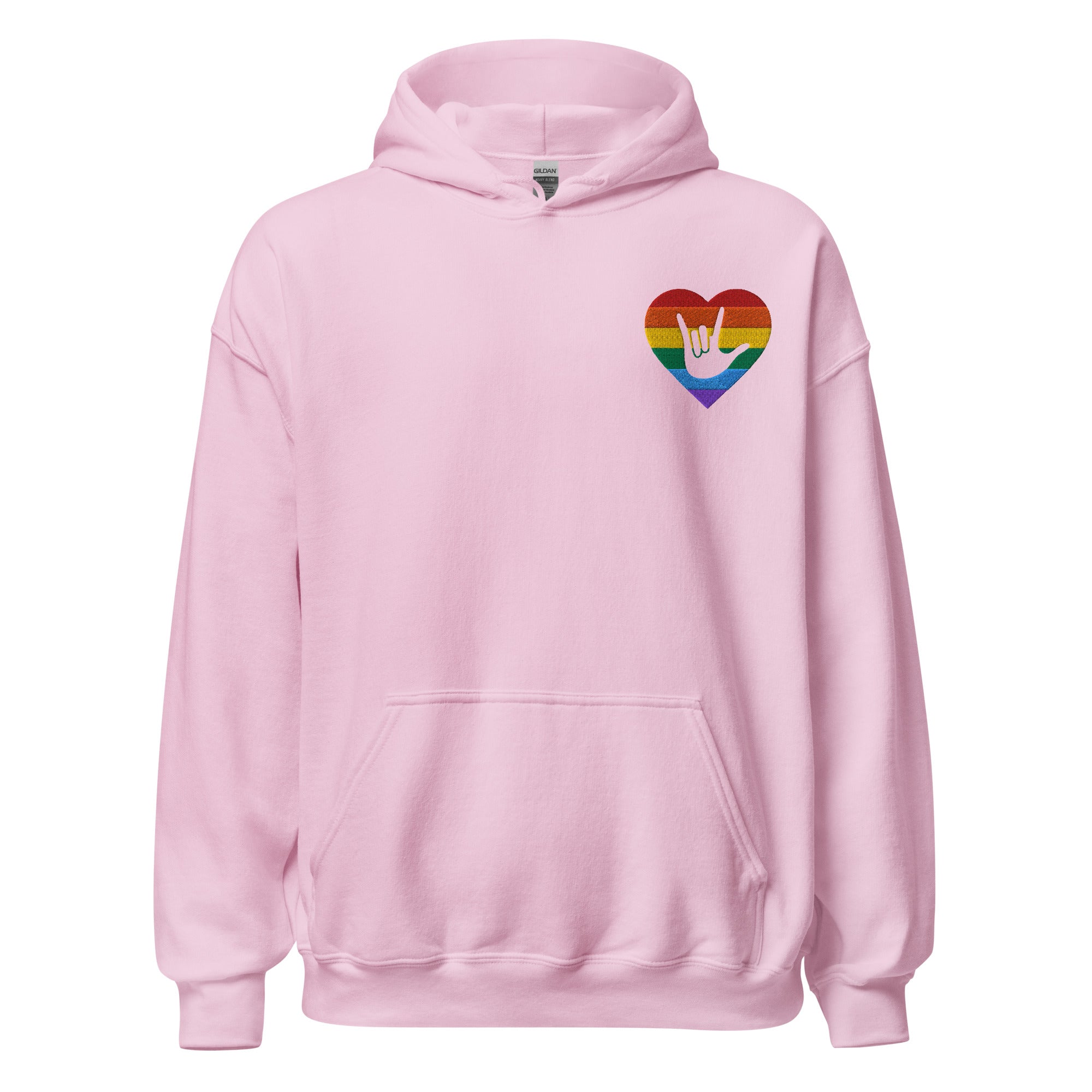 Front view of a light pink hoodie showing a pride coloured heart and the iconic ASL I Love You sign embedded in it on the left side of the chest
