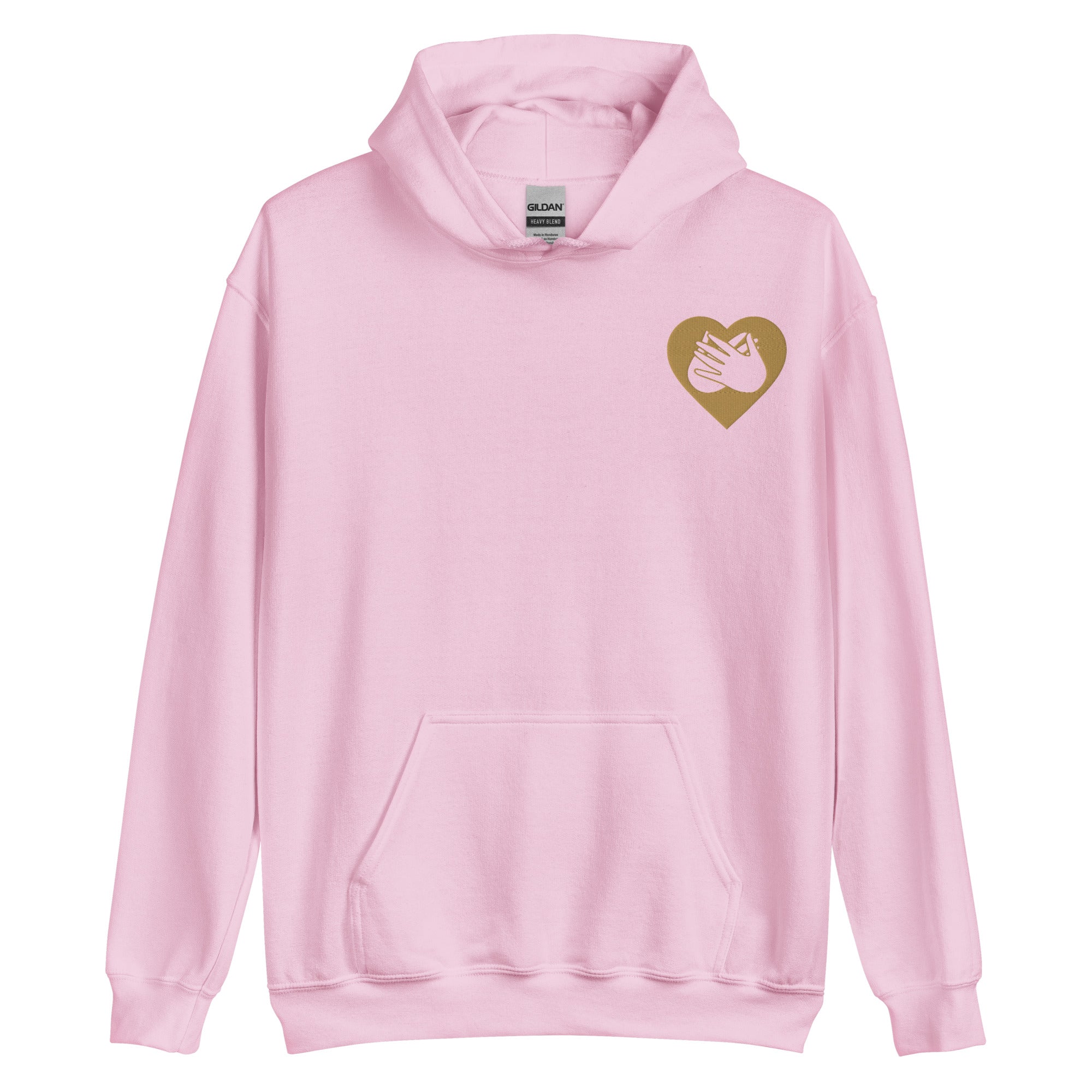 Front view of a light pink hoodie showing a gold coloured heart and the iconic BSL Love sign embedded in it on the left side of the chest