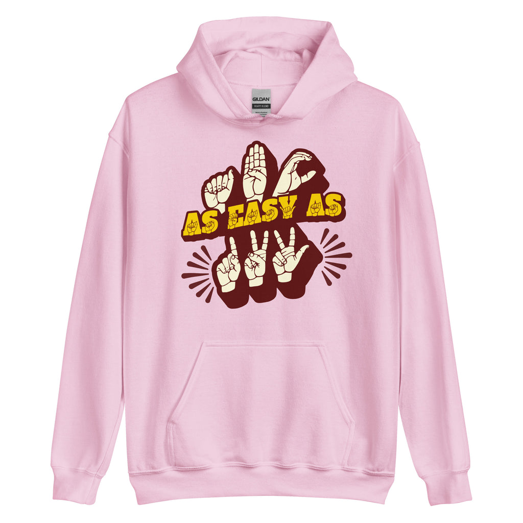 Light pink hoodie with ‘ABC As Easy As 123’ in ASL fingerspelling and text characters